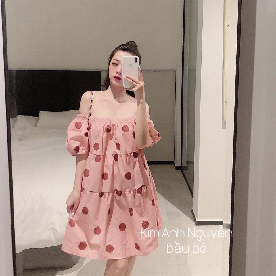 VÁY CHẤM BI TO HỒNG BABY MẶC 2 KIỂU - ĐẦM THÔ ĐŨI TRỄ VAI MÀU HỒNG - VÁY CỔ VUÔNG BABYDOLL CHẤM BI HỒNG