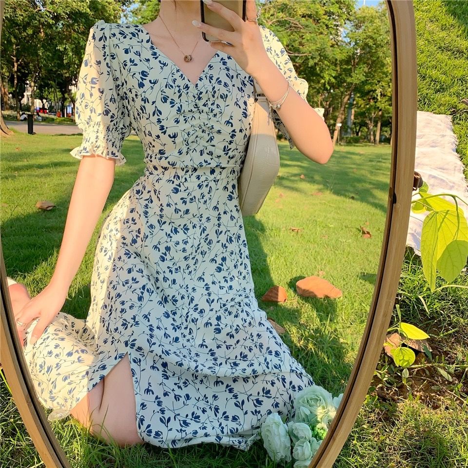 Đầm Nữ Tay Phồng Cổ Vuông In Họa Tiết Hoa Thời Trang 2021 đầm bầu váy nữ váy bé gái váy dài chân váy dài váy nữ chân váy dài