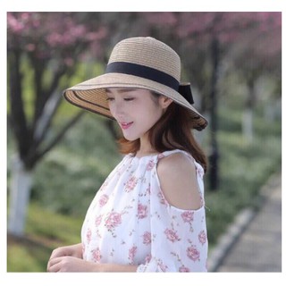 Nón cói nữ viền đen nơ xinh xắn, Mũ cói đi biển nơ đen vành rộng cho bạn gái