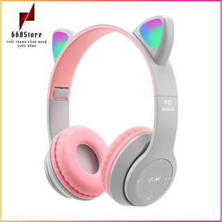 Tai nghe mèo P47, Bluetooth 5.0 có led RGB phát sáng âm thanh hay pin khoẻ có Mic đàm thoại, hỗ trợ khe cắm thẻ nhớ