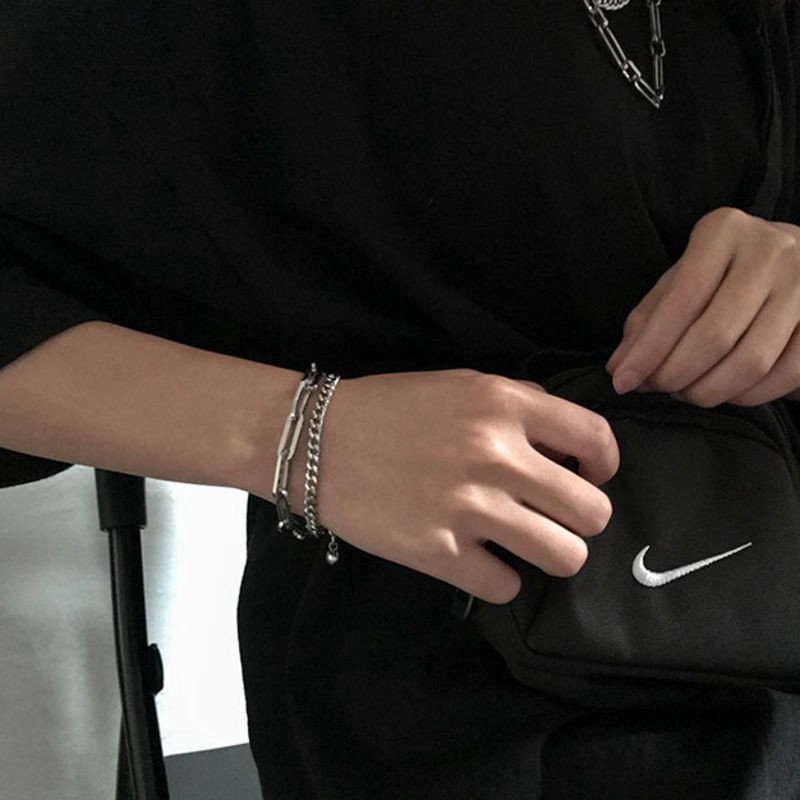 Vòng tay hai lớp bằng thép titan phong cách hiphop retro dễ phối đồ thời trang cho nam nữ