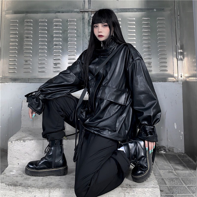 Áo Khoác Da Nữ Túi Hộp To - Áo đen trơn form rộng, tay bồng dáng suông, thiết kế cá tính, bắt mắt, mạnh mẽ HOT