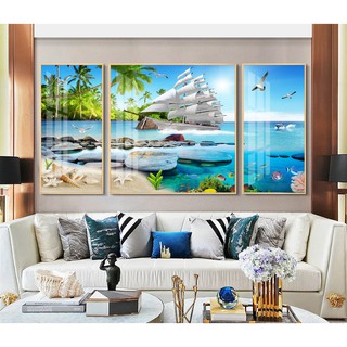 Bộ 3 tranh ghép treo tường Thuận buồm xuôi gió chất liệu bóng kiếng hoặc vải canvas TBXG 160x80 cm 7-7-2020