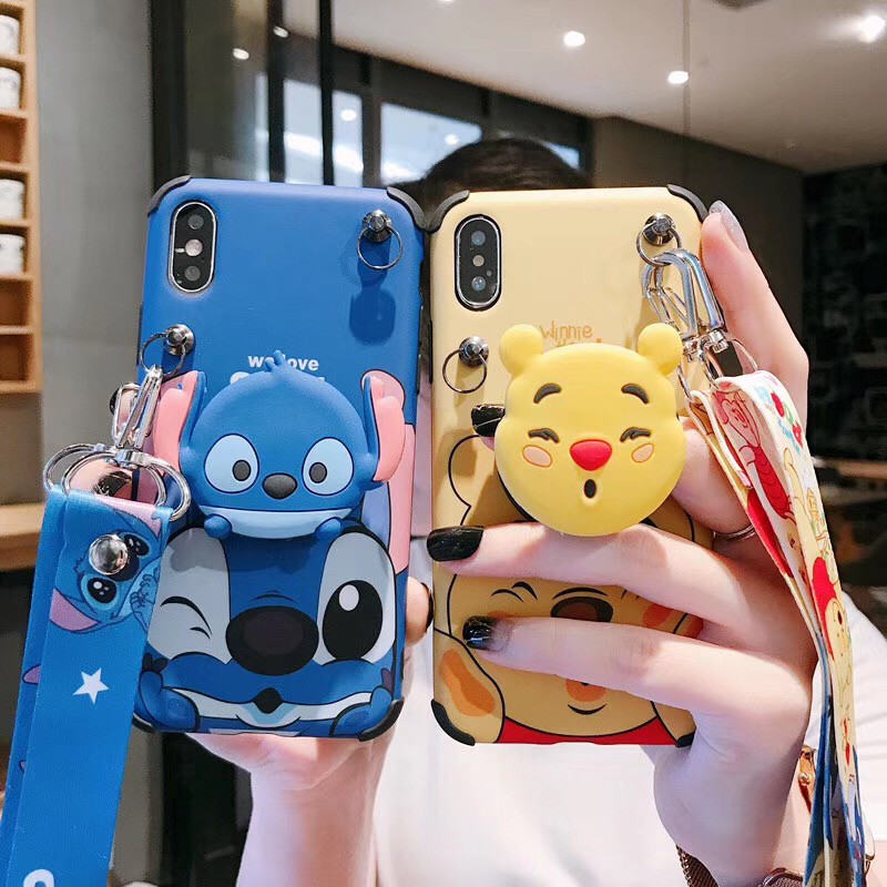 Stock❤Cute Winnie Bear Stitch fold stand+Strap iPhone12 11 Xsmax XR 7/8plus 6s soft Glossy case Cover Casing