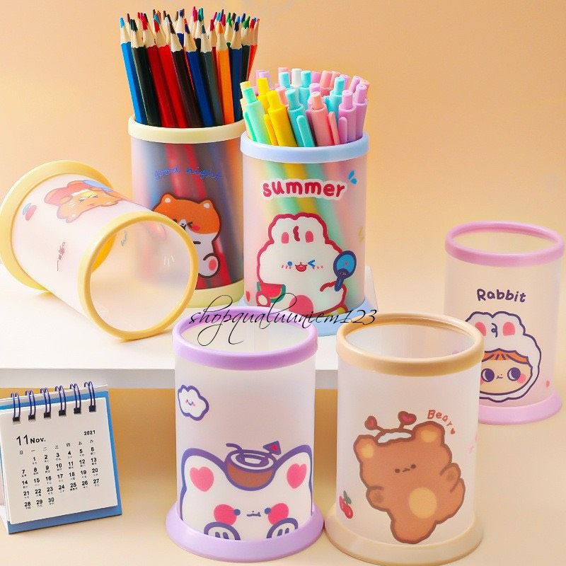 😽 Ống đựng bút hình tròn trong suốt chống thấm nước họa tiết hoạt hình dễ thương DIY 😽