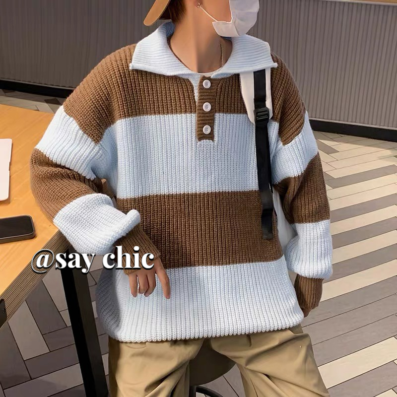 Áo sweater Tay Dài Cổ Lọ Họa Tiết Sọc Ngang Phong Cách Nhật Bản Cho Nam