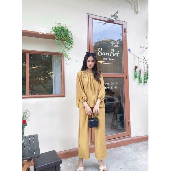sét bộ quần ống rộng phối áo cổ tròn tay dài