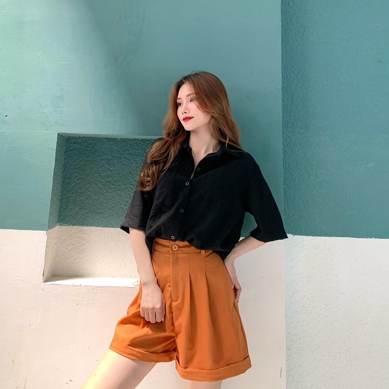 Áo sơ mi nữ tay ngắn form rộng đẹp hàn quốc LUCETFASHION cao cấp đen trắng be Short sleeved Shirt
