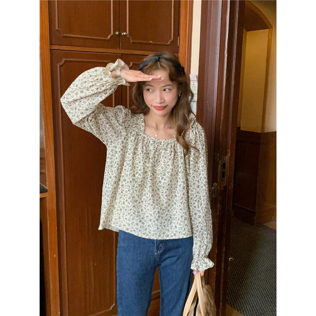 Áo Sơ Mi Hoa Cổ Vuông Dài Tay Dáng Rộng Thời Trang Cá Tính 60871