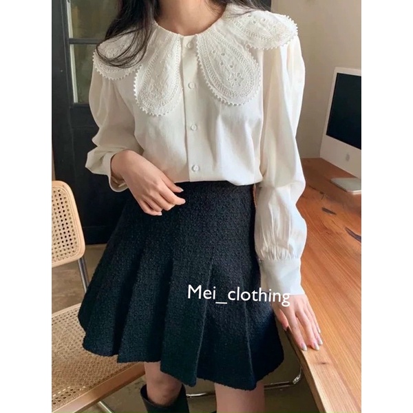 Áo Sơmi Cổ Lá Sen Phong Cách RETRO Hàn Quốc, sơ mi nữ dài tay