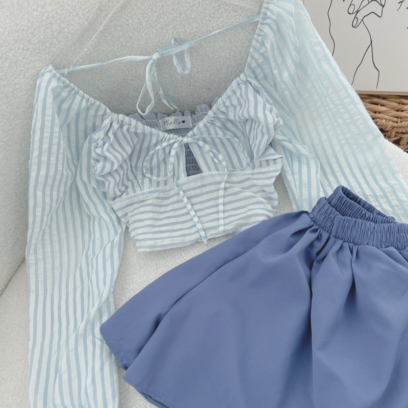 SET ÁO CROPTOP SỌC THẮT NƠ + QUẦN SHORT LƯNG THUN ỐNG RỘNG XANH