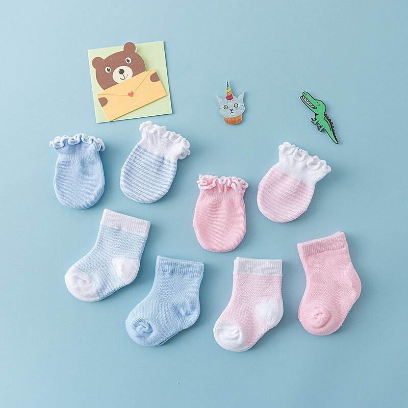 Bộ 4 Đôi Găng Tay Cotton Thoáng Khí Chống Trầy Xước Cho Bé Sơ Sinh
