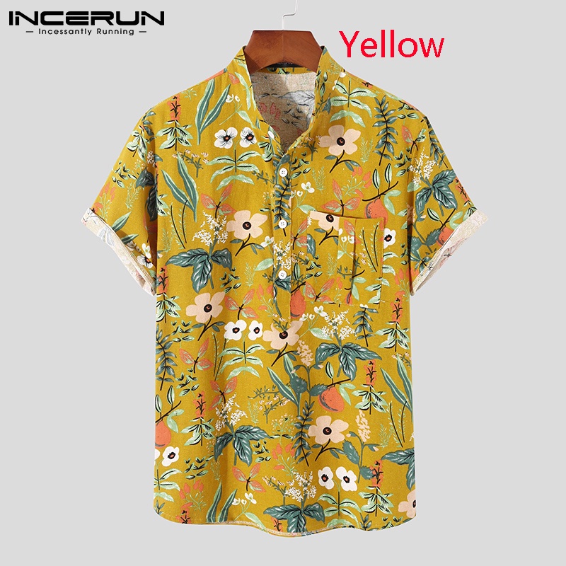 Áo sơ mi INCERUN vải cotton tay ngắn cài nút họa tiết in kiểu retro mùa hè cá tính dành cho nam