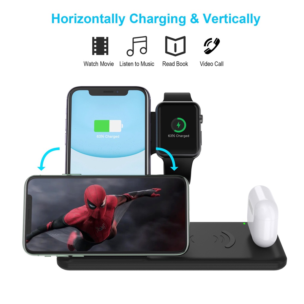 Đế sạc không dây siêu nhanh 4 trong 1 cao cấp 15W phù hợp cho các thiết bị hỗ trợ sạc không dây