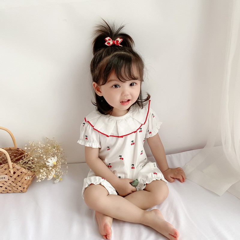 Cho bé bodysuit ngắn tay mùa hè mỏng Búp Bê Cổ Cherry 0-1 tuổi bé gái quần áo quần áo mặc bên ngoài