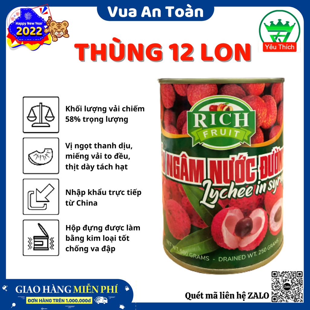 Thùng 12 Lon Vải Ngâm Rich 565gram