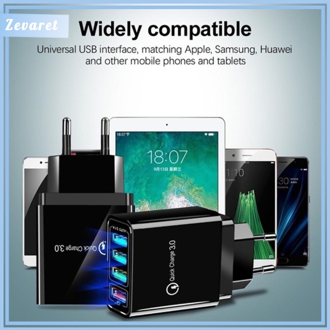 Củ Sạc Zevaret 12w 4 Cổng Usb 3a Phích Cắm Us / Eu / Uk Màu Đen Chất Lượng Cao