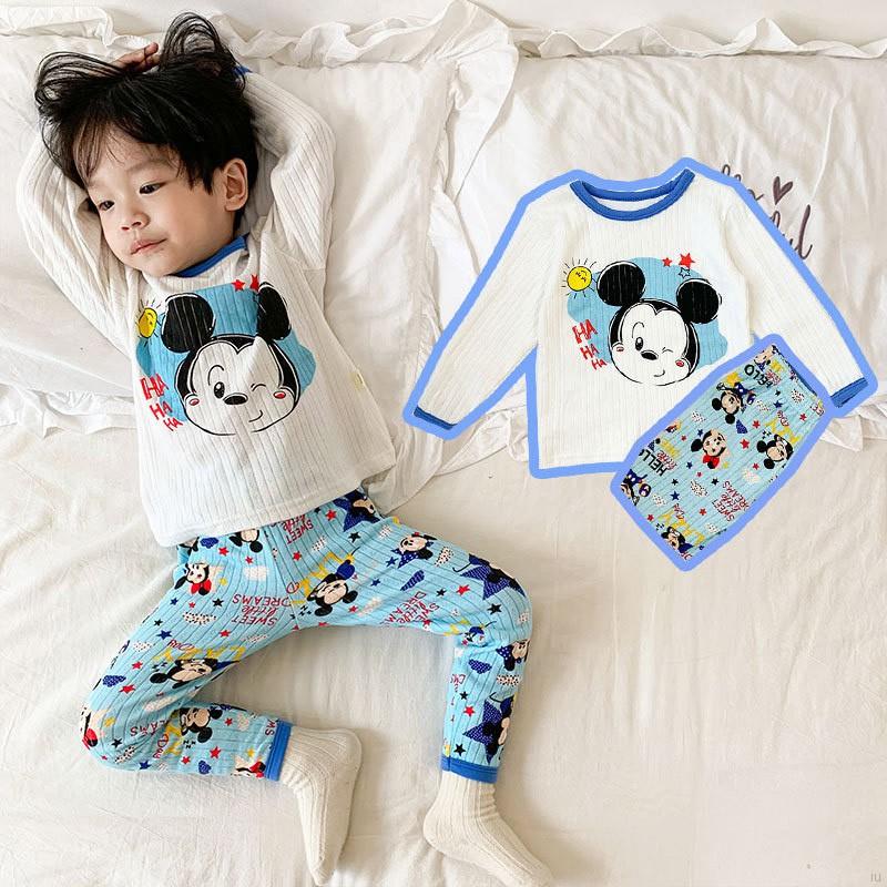 IU Baby Kids Girls Boys Cartoon Mickey Pincess Print Sleepwear Long Sleeve Blouse Casual Long Pants Set