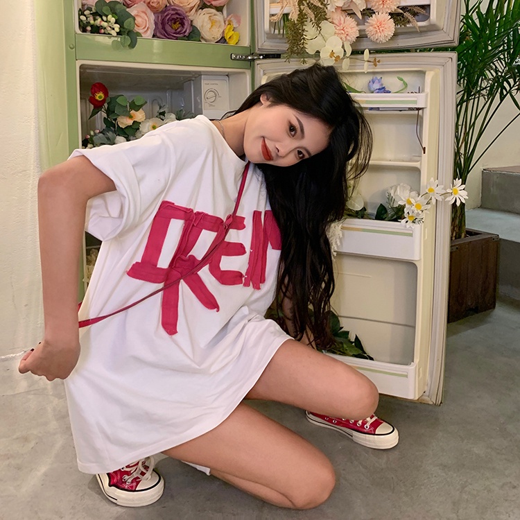 QKOOLE Áo thun nữ  ngắn tay cổ tròn in họa tiết phong cách Hàn Quốc