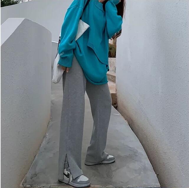 Quần thể thao ống rộng lưng cao màu đơn sắc cá tính thời trang Thu Đông cho nữ