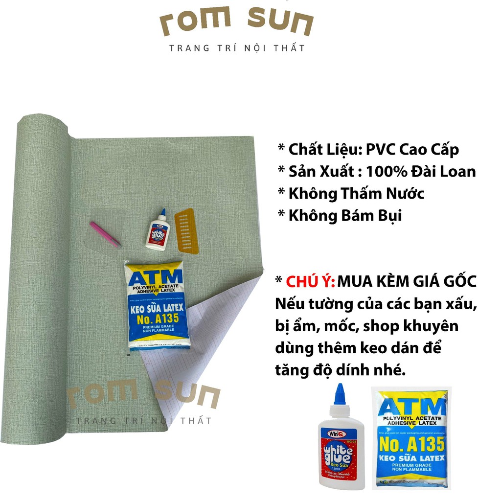 KHỔ 90CM | Giấy dán tường giả vải - Decal dán tường phòng ngủ hàn quốc 3D xanh cốm sẵn keo