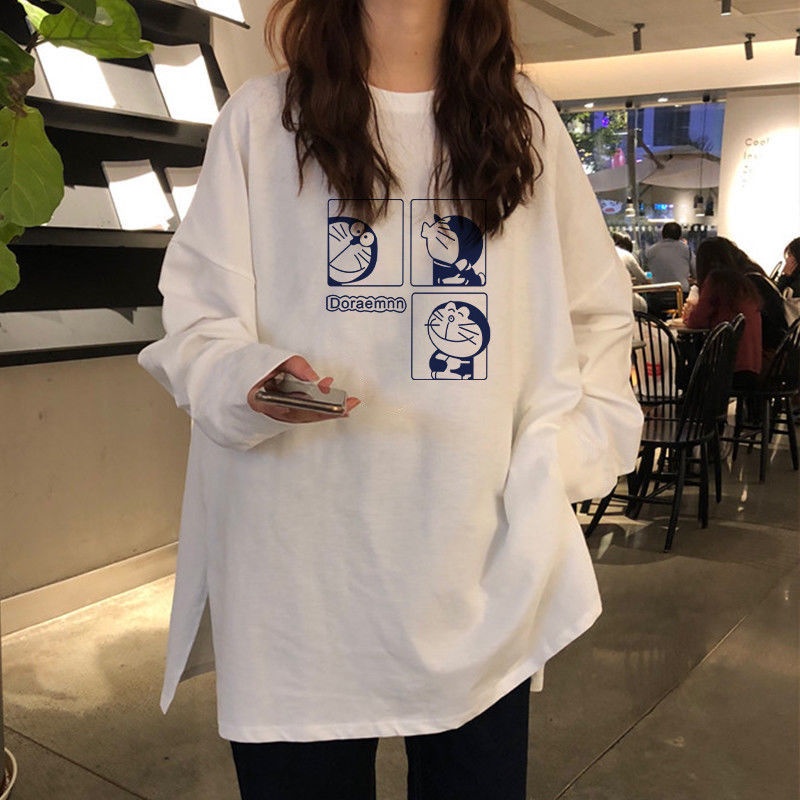 Áo Thun Cotton Tay Dài Dáng Rộng Màu Trắng Phong Cách Hàn Quốc Thời Trang Cho Nữ