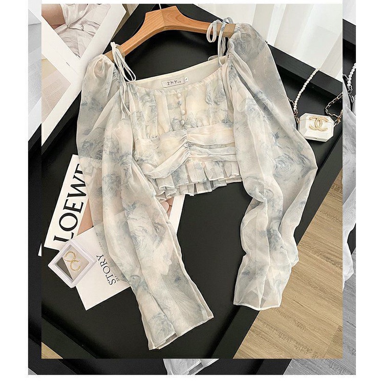 Áo Sơ Mi Chiffon Tay Dài Dáng Ngắn In Họa Tiết Mực Kiểu Pháp Thời Trang Mùa Hè Mới Cá Tính Cho Nữ