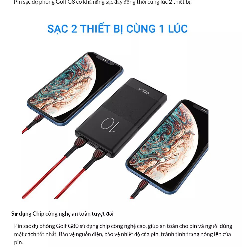 Pin sạc dự phòng 10000mAh Golf CANDY G80 2 cổng USB vỏ nhựa ABS chống cháy (Đen)