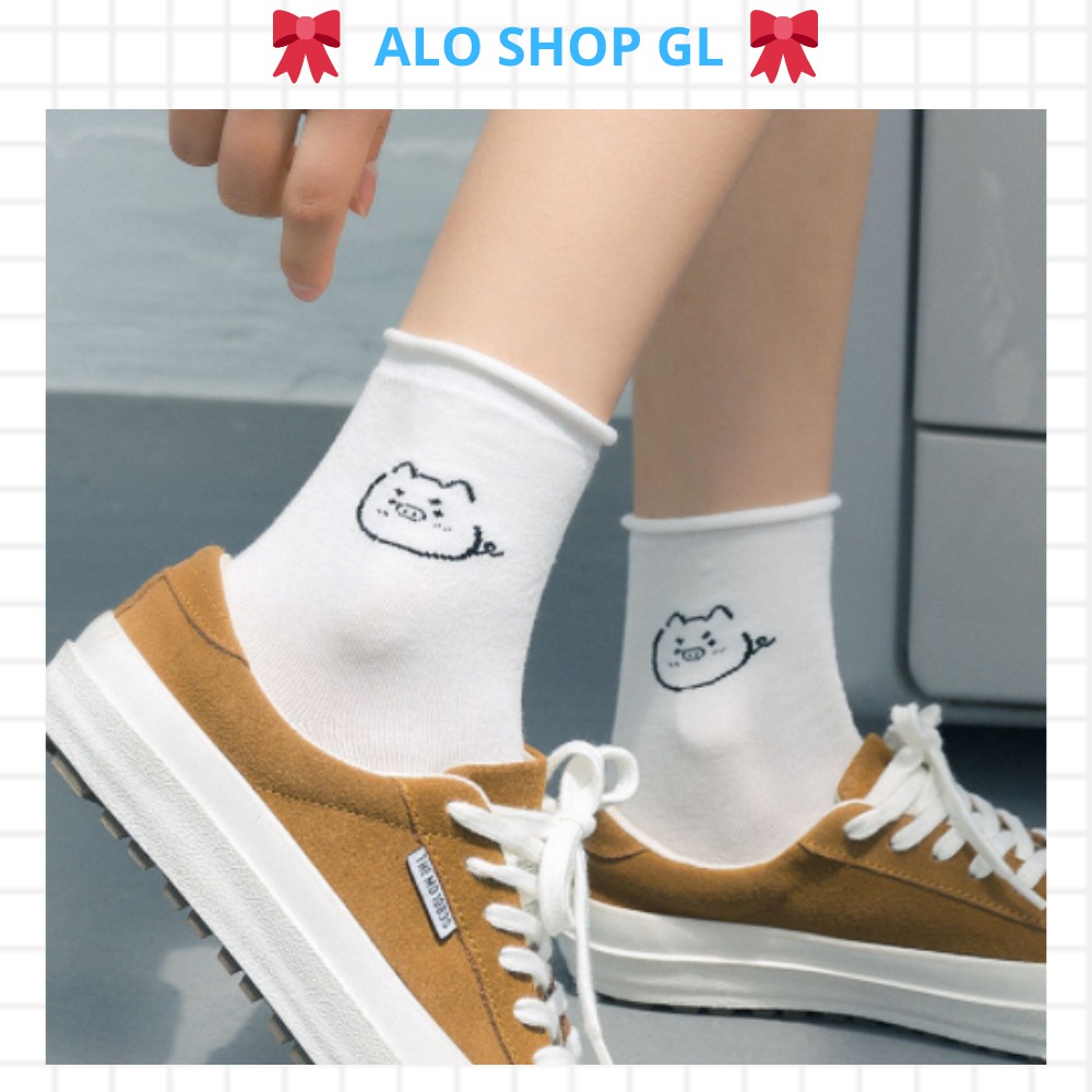 Tất cổ cao, Vớ cotton cổ cao phong cách Hàn Quốc co giãn tốt in hình con vật xinh xắn, dễ thương, dễ phối đồ