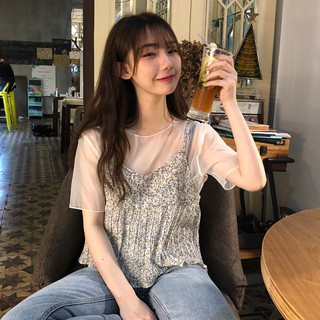 SUXI Áo chiffon kiểu tay cộc ghép hai dây họa tiết hoa giả hai mảnh cho nữ