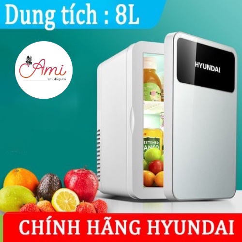 Tủ lạnh mini Hyundai 8L chính hãng, mặt kính nóng lạnh 2 chiều, bảo quản mỹ phẩm, dùng được cho xe hơi