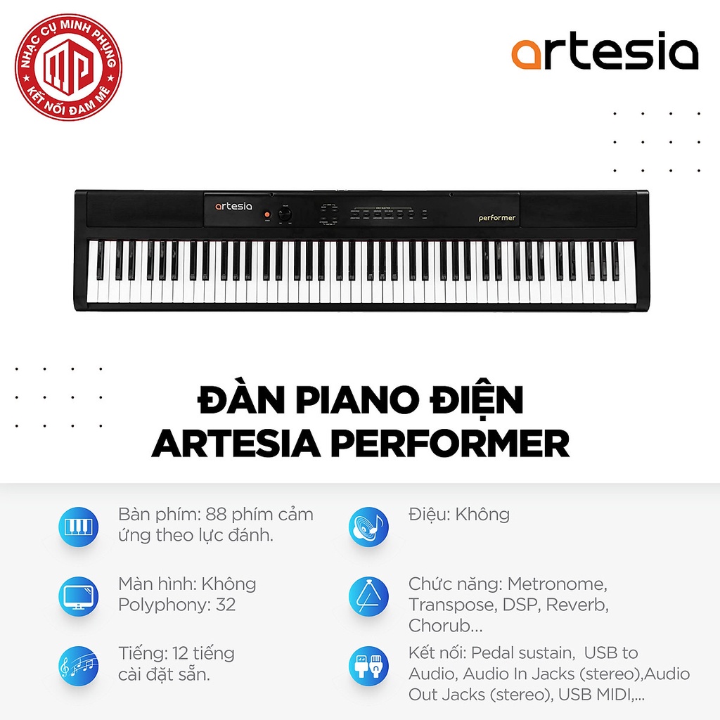 Đàn Piano Điện Artesia Performer - Màu đen - Hàng chính hãng (Đàn, Giá nhạc, Chân đàn, Pedal, Jack phone, Sách HDSD)