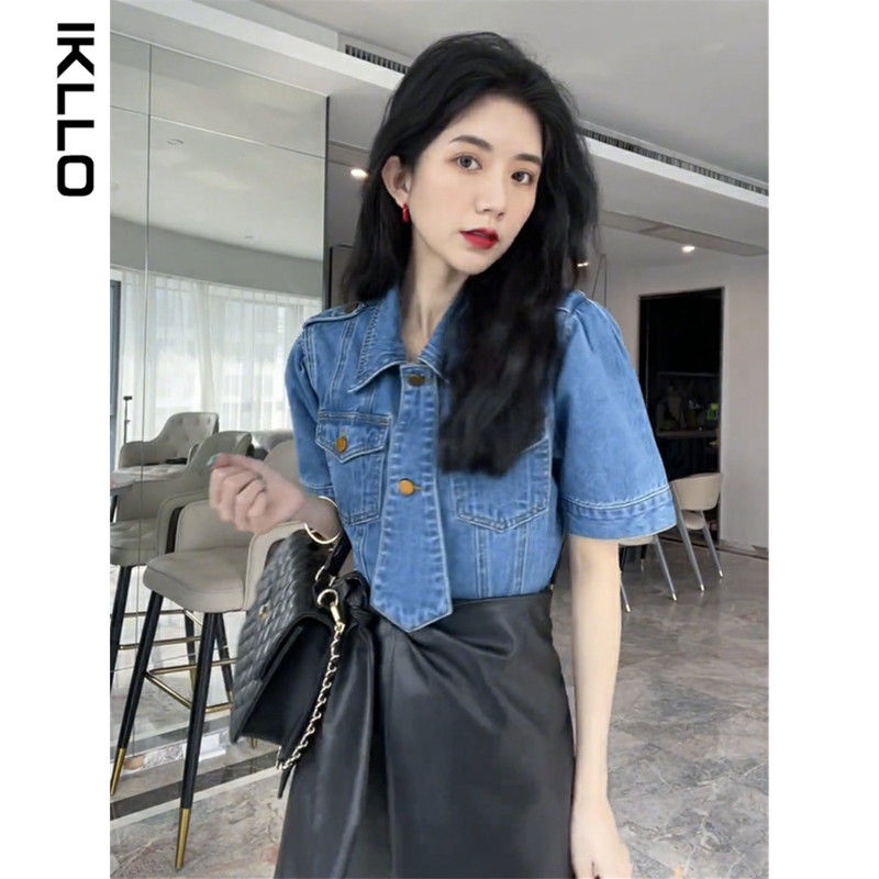 Áo sơ mi denim thiết kế cổ điển kiểu Pháp thời trang mùa xuân và mùa hè cho nữ