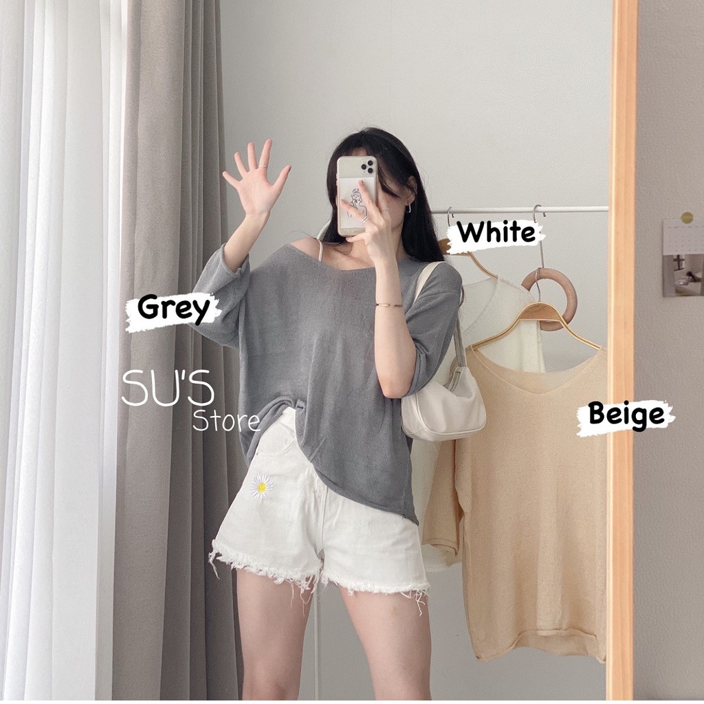 Áo len mỏng trơn xuyên thấu cổ tim tay lửng A1741 SUSTORE