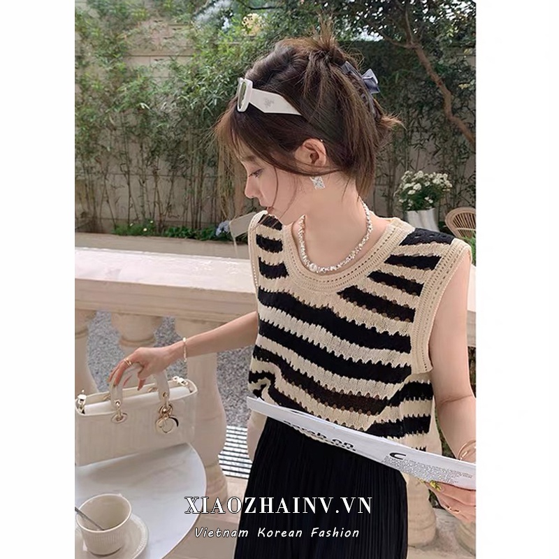 Xiaozhainv Áo Tanktop Dệt Kim Không Tay Họa Tiết Kẻ Sọc Thời Trang Hàn Quốc Cho Nữ