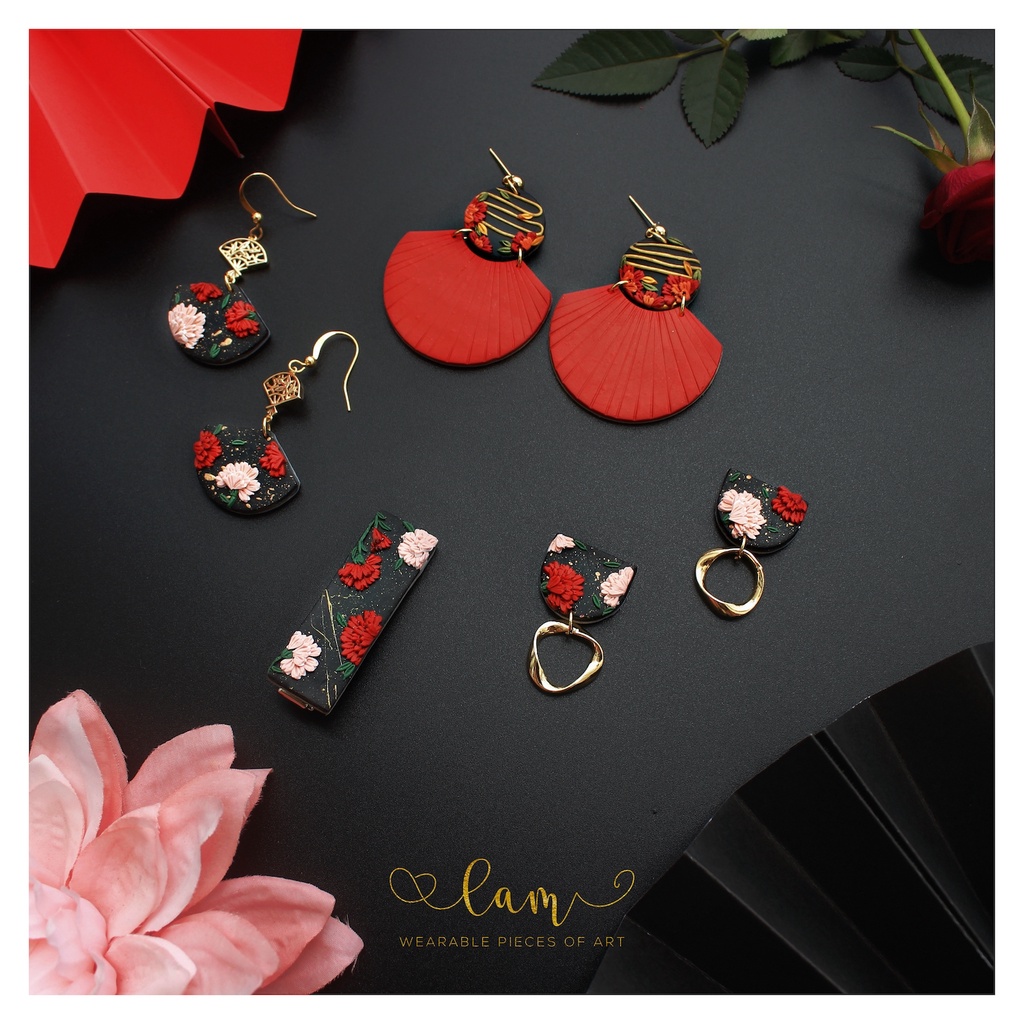 Bông tai hoạ tiết Hoa cẩm chướng màu sắc đông phương | Trang sức hoa tai thủ công đất sét polymer clay | LAM Jewelry