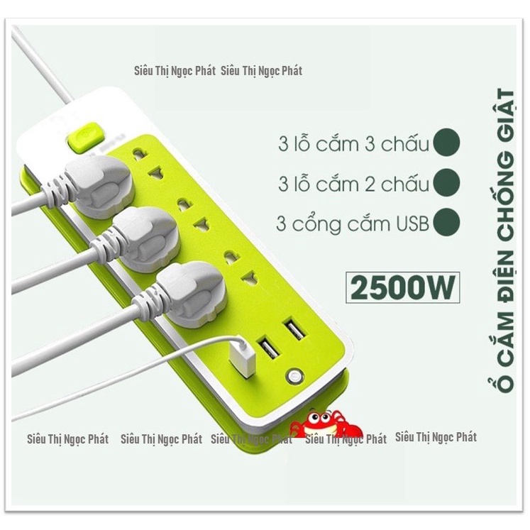 Ổ Cắm Điện Xanh Chống Giật 6 Lỗ, 3 Cổng USB Siêu Tiện Dụng