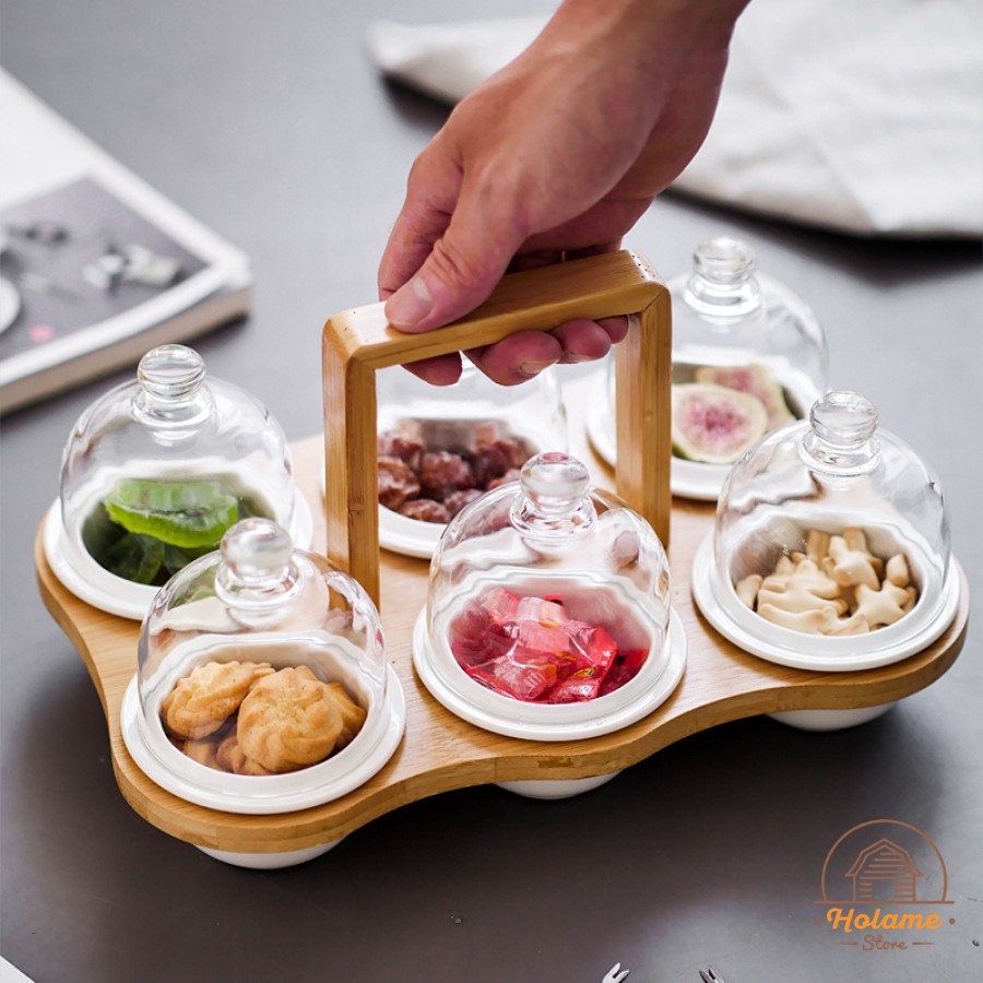 Khay tre đựng mứt tết, bánh kẹo, hoa quả - gồm hũ sứ - chụp thủy tinh sang trọng – set 6 hũ - phong cách Nhật Bản