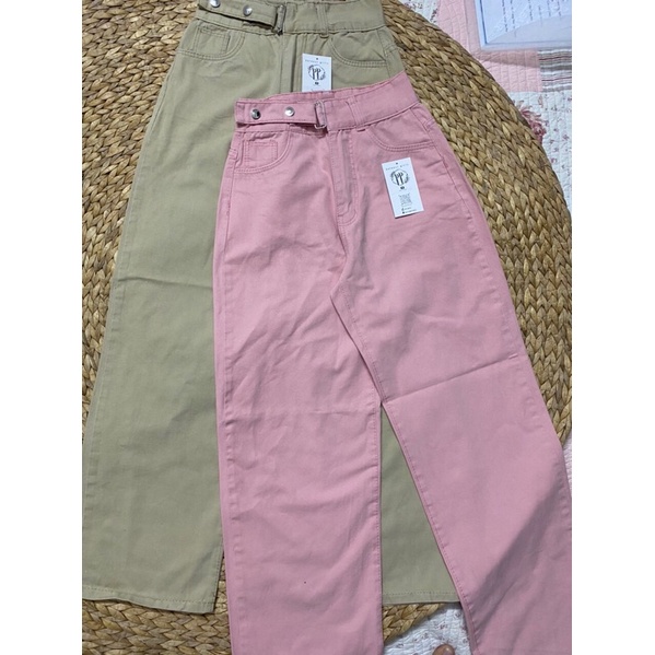 Quần baggy jean ống rộng suông dài nút chỉnh eo
