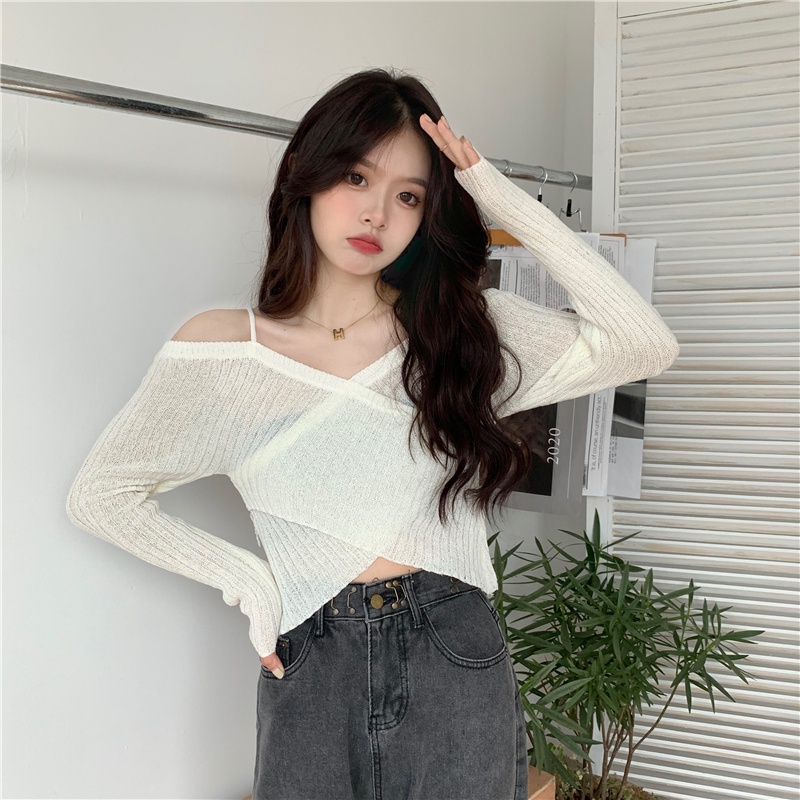 QKOOLE  Áo dệt kim tay dài cổ chữ V phong cách Hàn Quốc cho nữ