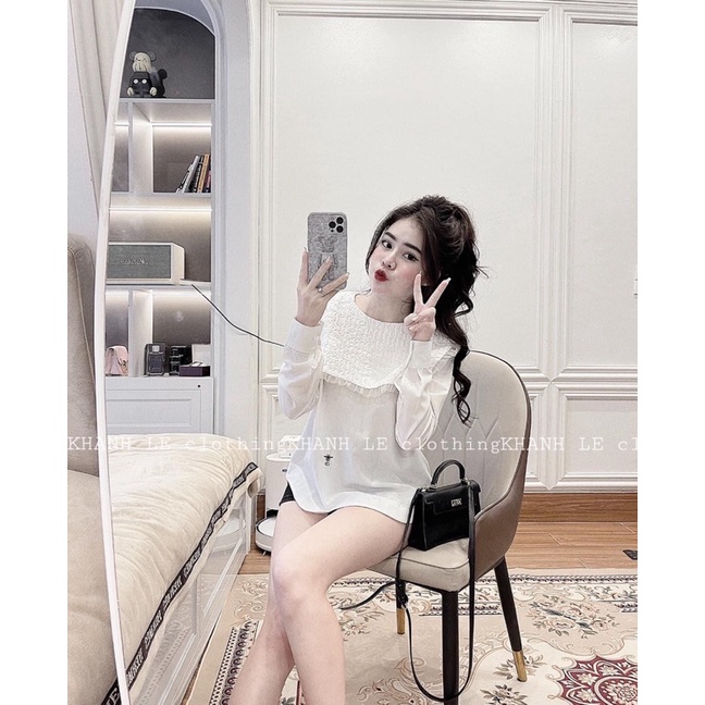 ÁO SƠMI TRẮNG CỔ XỐP VUÔNG CHẠY REN LƯỚI THÊU HOẠ TIẾT ONG  KHUY LƯNG HOT HIT