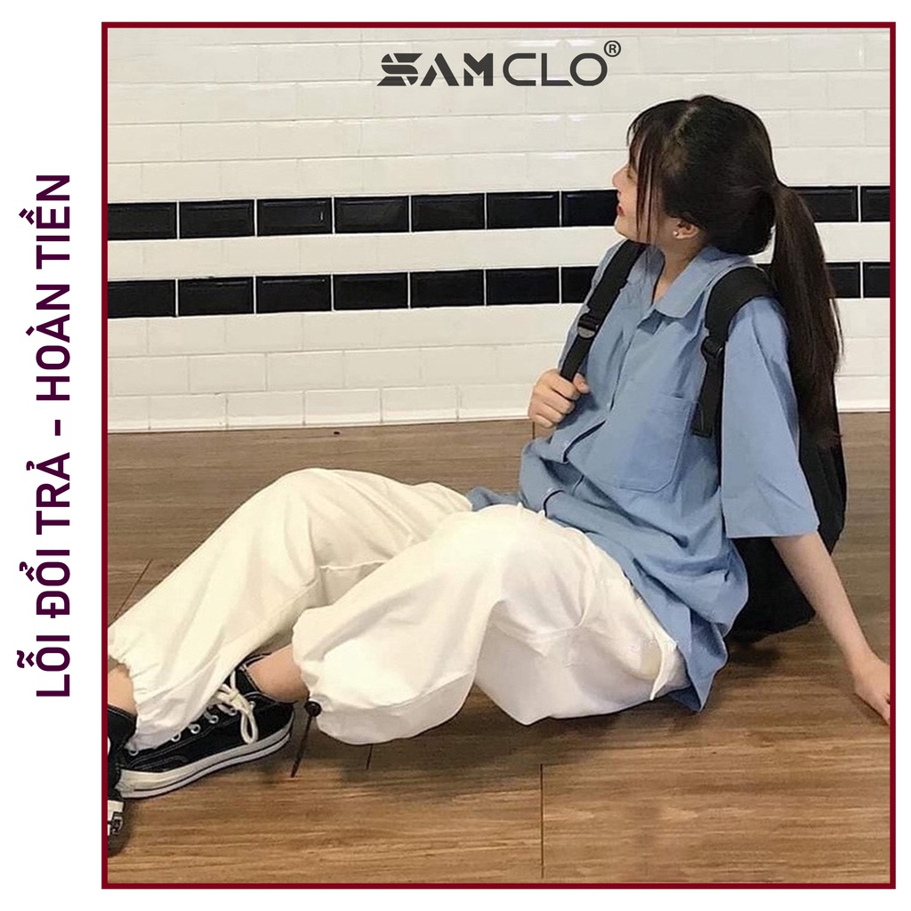 Áo sơ mi nữ cổ bẻ tay lỡ dáng ulzzang freesize form rộng unisex TRƠN MÀU XANH DƯƠNG