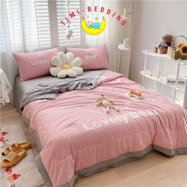 Bộ chăn ga đũi hè thêu gấu thoáng mát, xinh xắn – chăn đũi hè - Timibedding