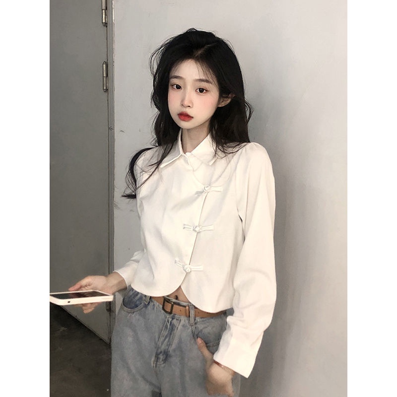 Áo Sơ Mi Ngắn Tay Dài Màu Đen Phối Nút Thời Trang Vintage Trung Hoa