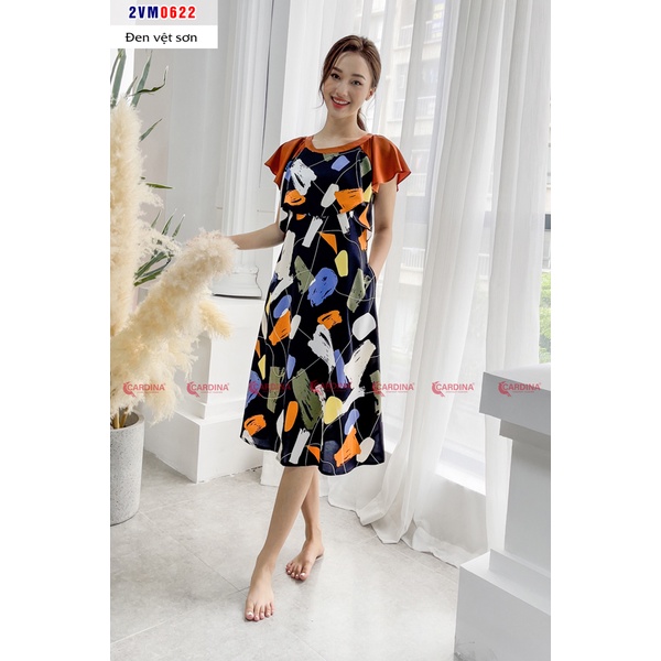 Đầm nữ CARDINA chất lụa Mango cao cấp phối tay Raglag dáng suông họa tiết tinh tế 2VM06