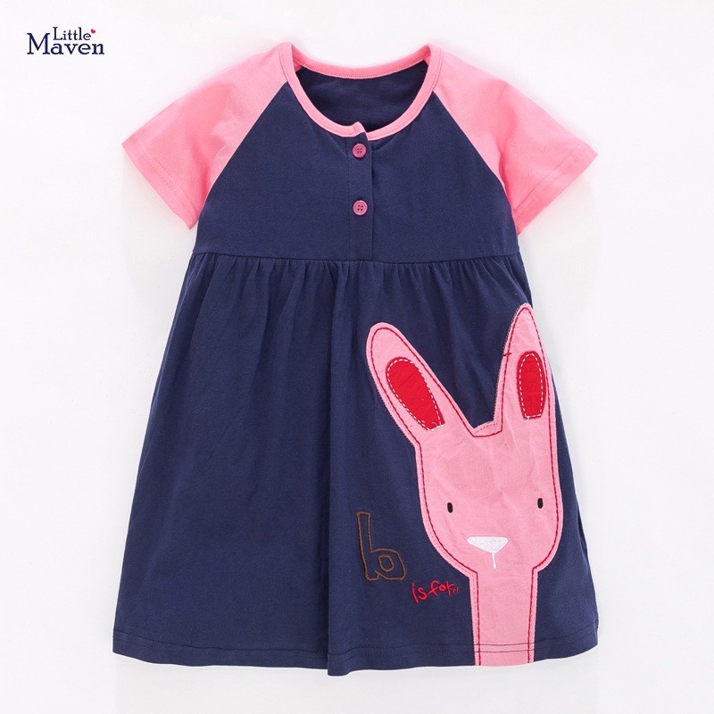 Váy cotton cộc tay Little Maven thỏ xanh than cúc cổ 2-7Y