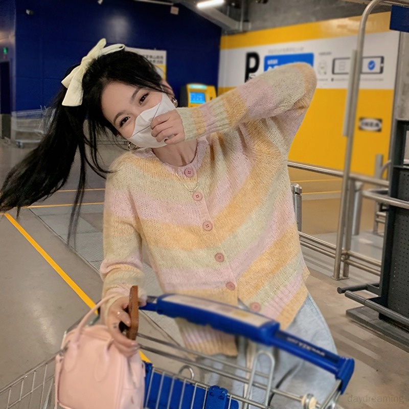 Áo Khoác Cardigan Dáng Ngắn Form Rộng Họa Tiết Kẻ Sọc Cầu Vồng Phong Cách Hàn Quốc