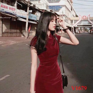 Váy nhung đỏ sườn xám Quinn Lê