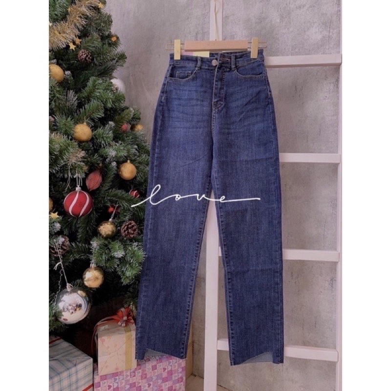 Quần jeans nữ phom ống đứng gấu cắt lệch thời trang