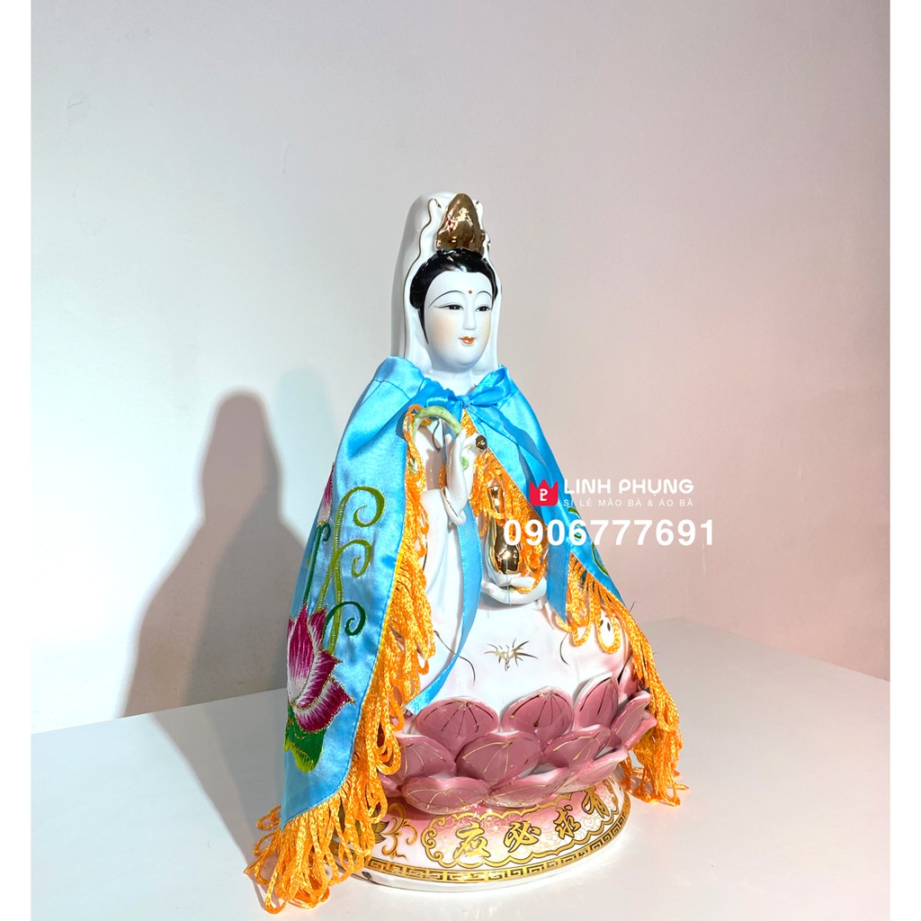 Áo choàng Quan Âm tượng nhỏ thờ nhà - thêu sen trúc (size áo dài 20cm)